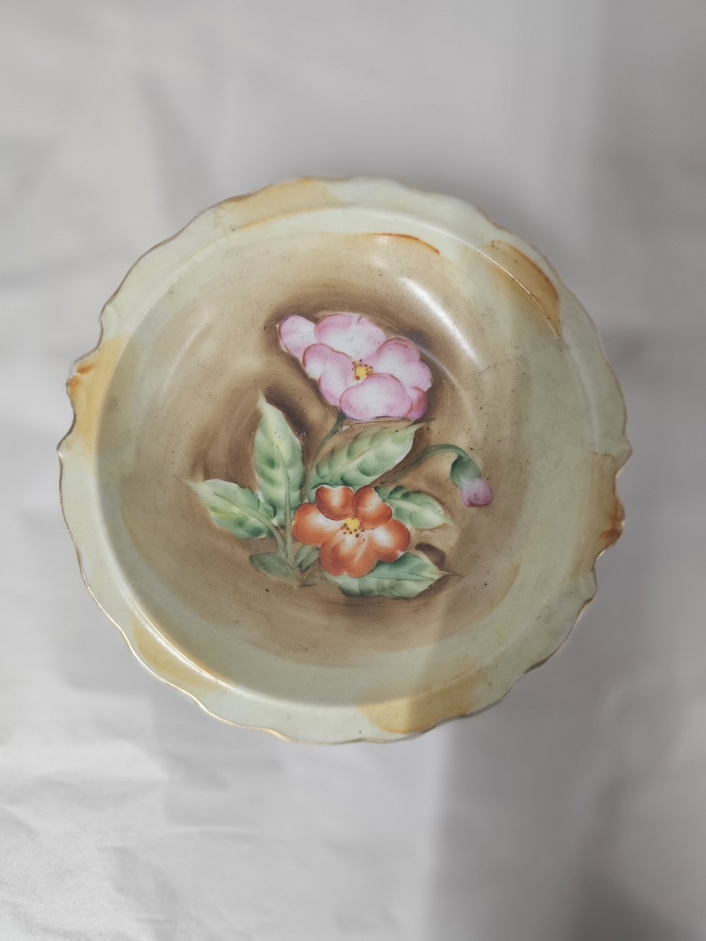 Vintage Hand-Painted Porcelain Floral Basin Bowl - 7.5" Scalloped Trim, Unmarked